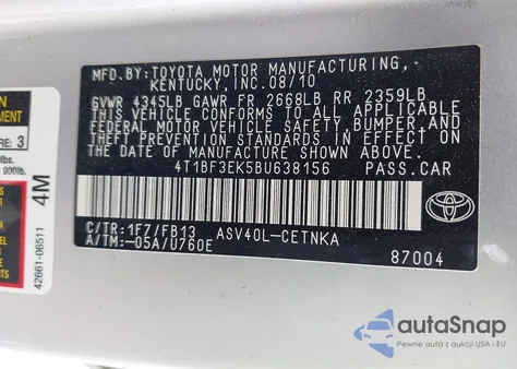 2011 Toyota Camry Le из США, поврежденный, VIN 4T1BF3EK5BU638156